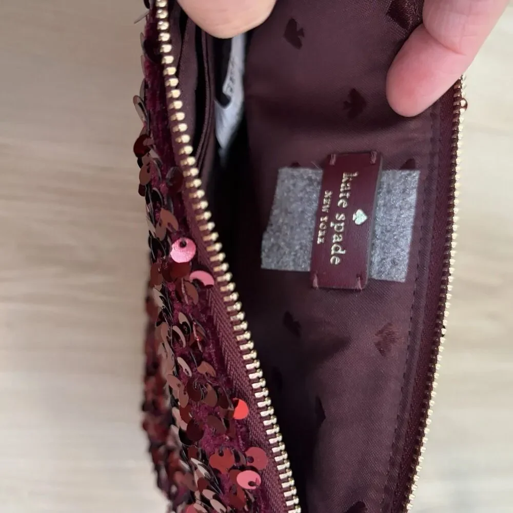 Kate Spade Kiky Sequin Fabric Convertible Wristlet Wallet Clutch Deep Berry